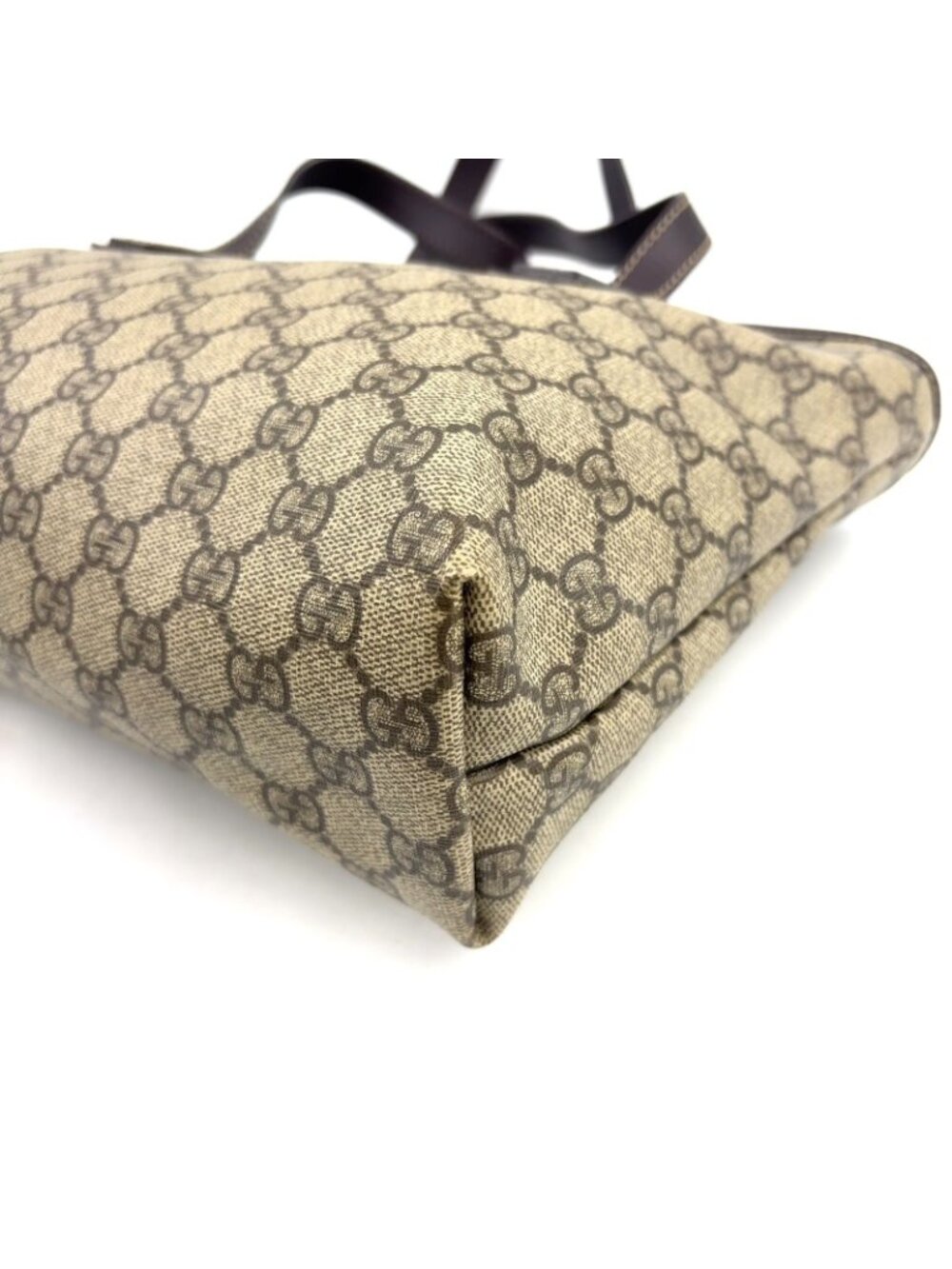 Gucci GG Supreme Leather Canvas Khaki Beige Dark Brown Tote Bag Silver - Picture 9 of 15